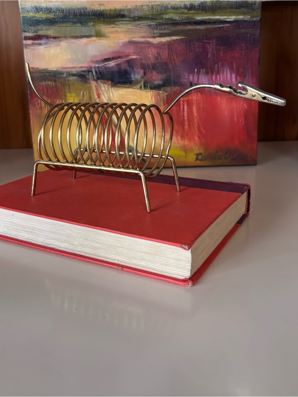Vintage MCM Brass Coil Dog Letter Holder Sculpture Dinosaur